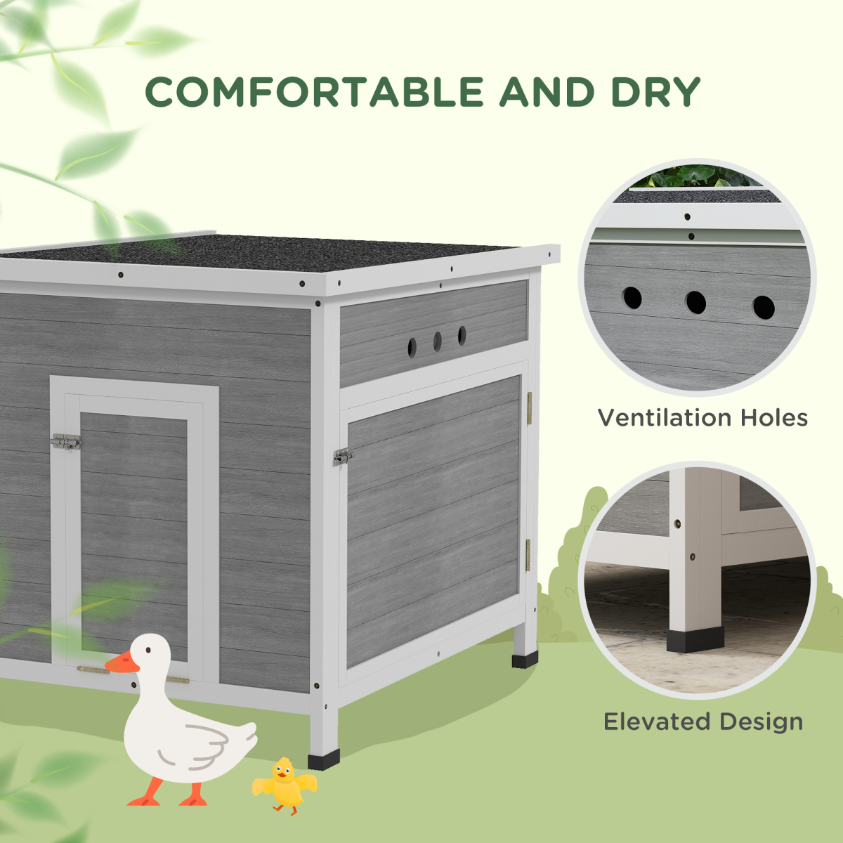 PawHut Wooden Duck House Coop with Double Doors, Openable Roof, Grey