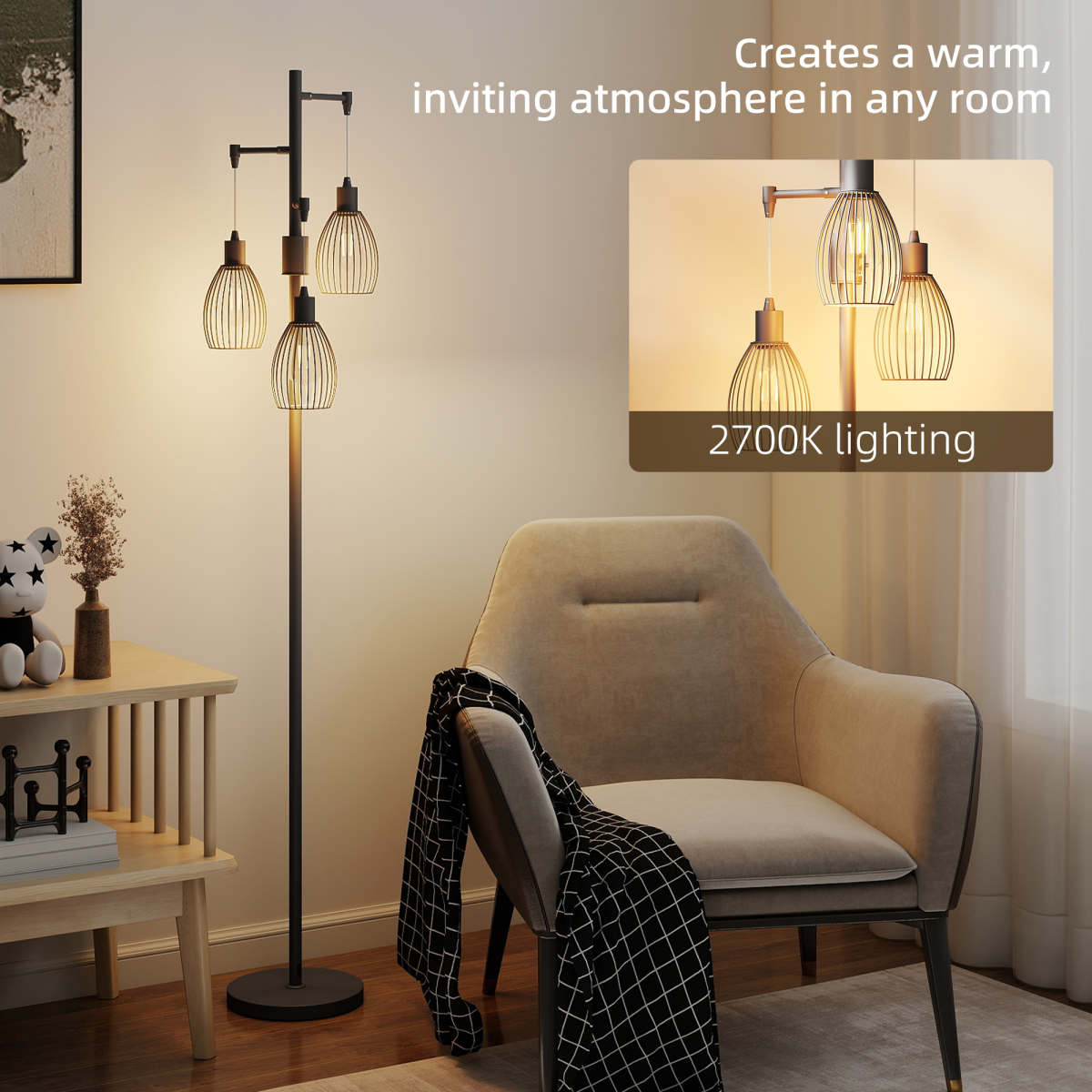 HOMCOM Industrial 3-Light Dimmable Floor Lamp, Black, 2700K