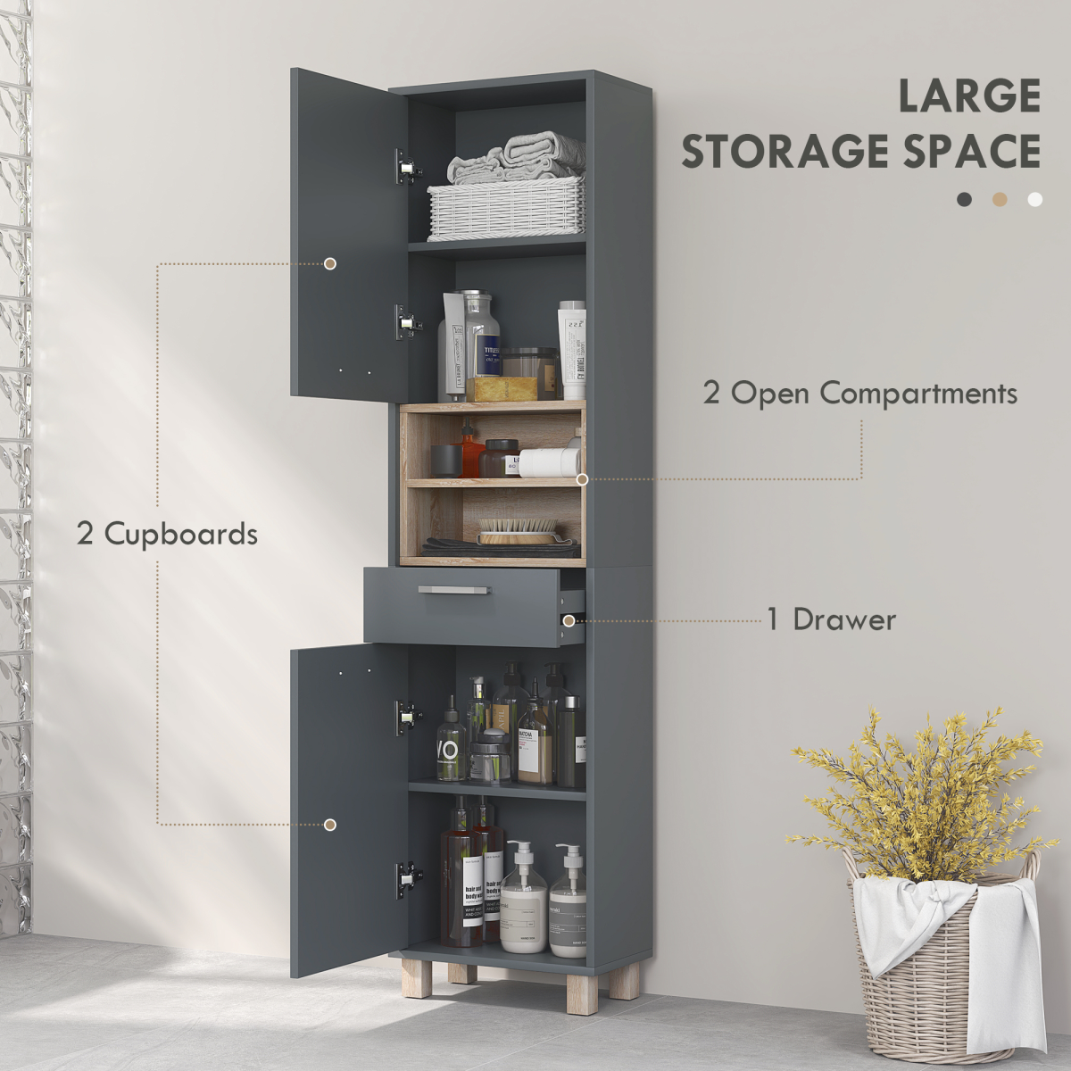 HOMCOM Grey Bathroom Storage Unit with Cabinets, Shelves and Drawer