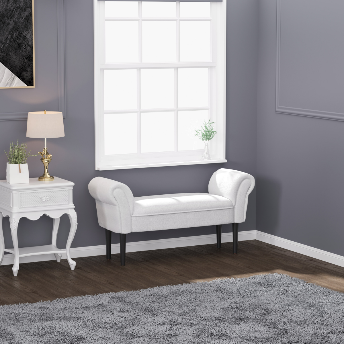 Flannelette Upholstered End Bench with Wooden Legs and Rolled Ends