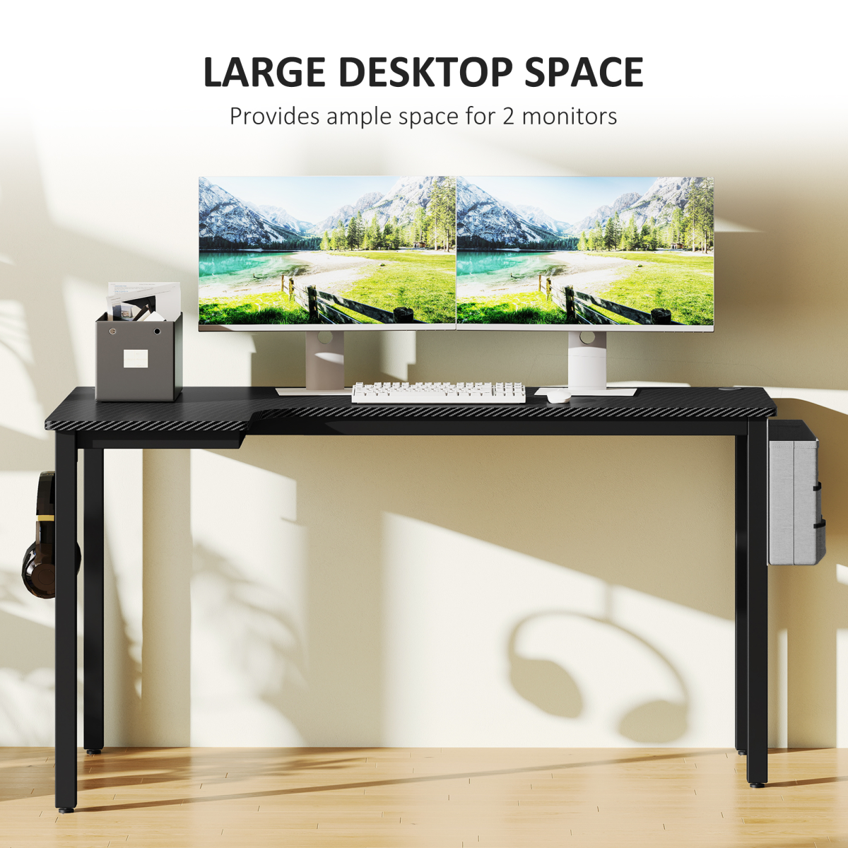 HOMCOM L-Shaped Corner Computer Desk with Fabric Bag & Hooks, Black