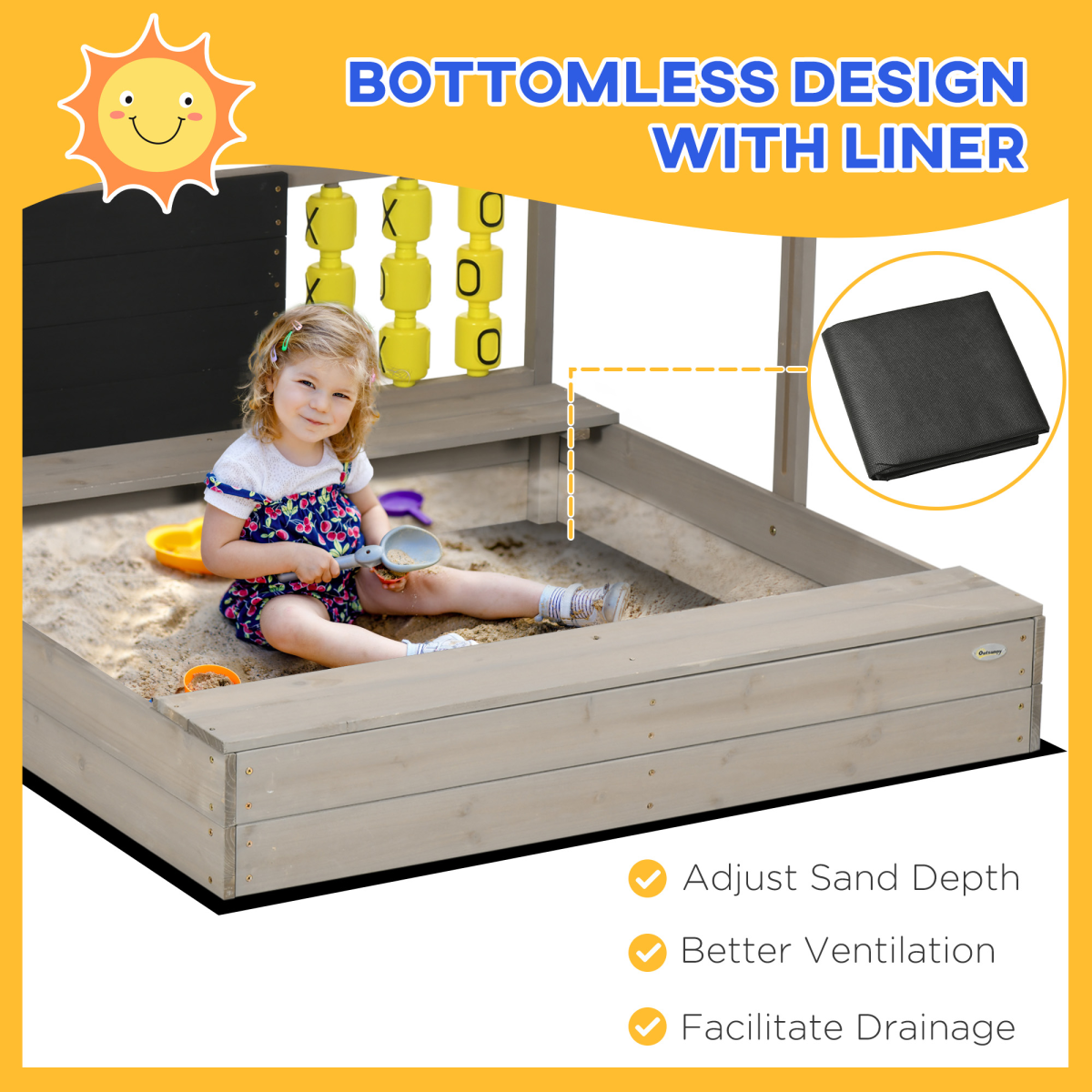 Outsunny Kids Wooden Sandpit with Canopy & Seats for Garden