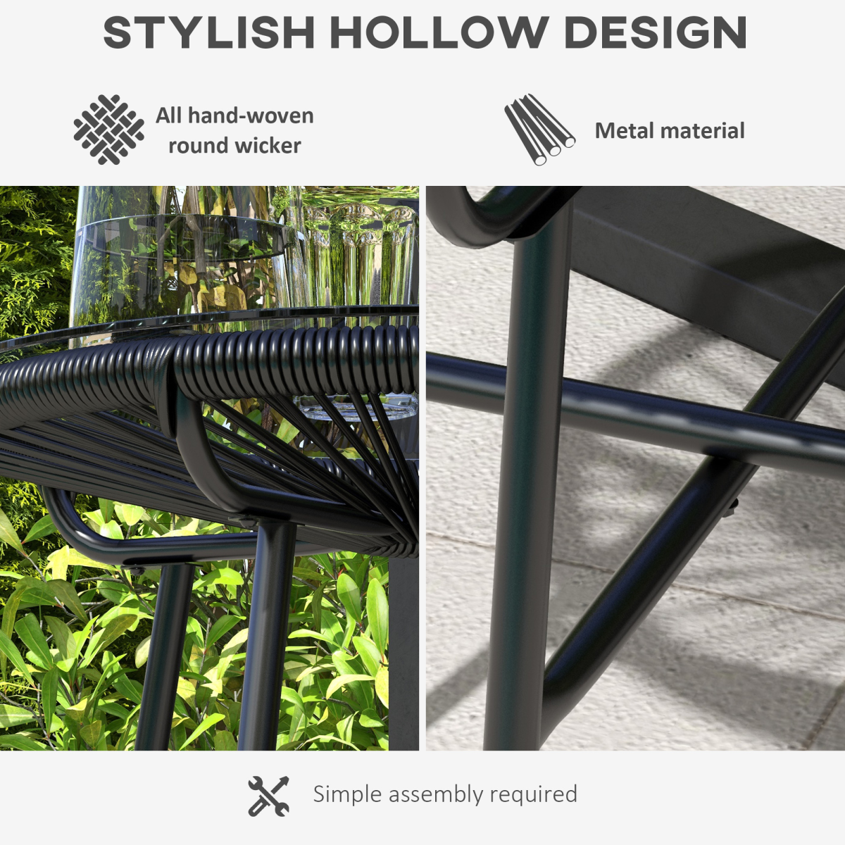 Outsunny Outdoor Rattan Coffee Table with Tempered Glass Top, Black