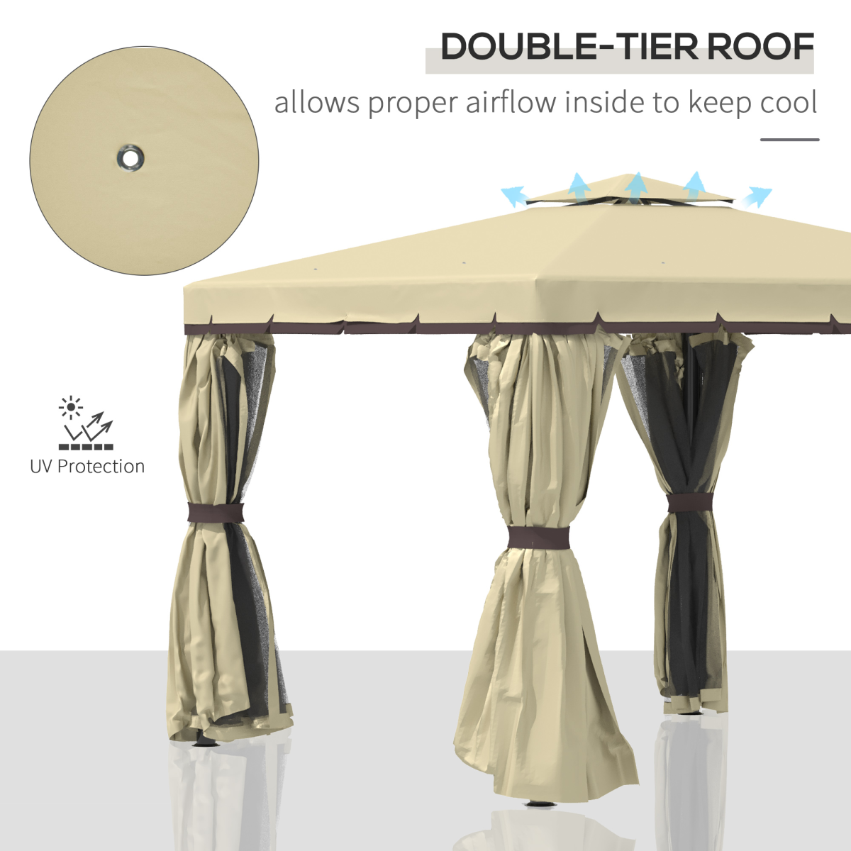 Outsunny 3x3m Patio Gazebo with Two-Tier Polyester Canopy, Mosquito Net, Aluminium and Steel Frame, Curtains