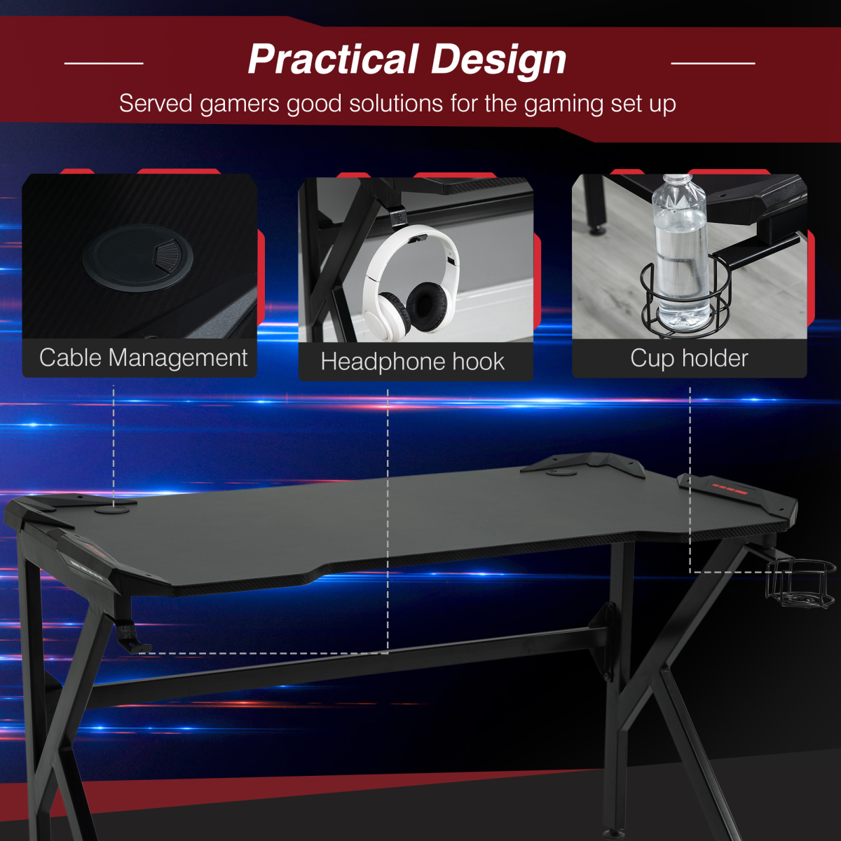 HOMCOM Gaming Desk with Steel Frame, Cup Holder & Headphone Hook