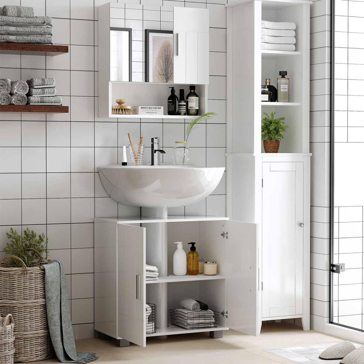 Bathroom Wall-Mounted Mirror Cabinet with Adjustable Shelves and Door, White