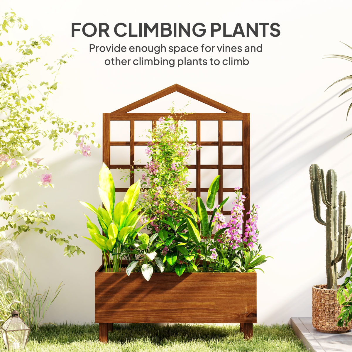 Outsunny Wooden Garden Planter Box with Trellis, Brown