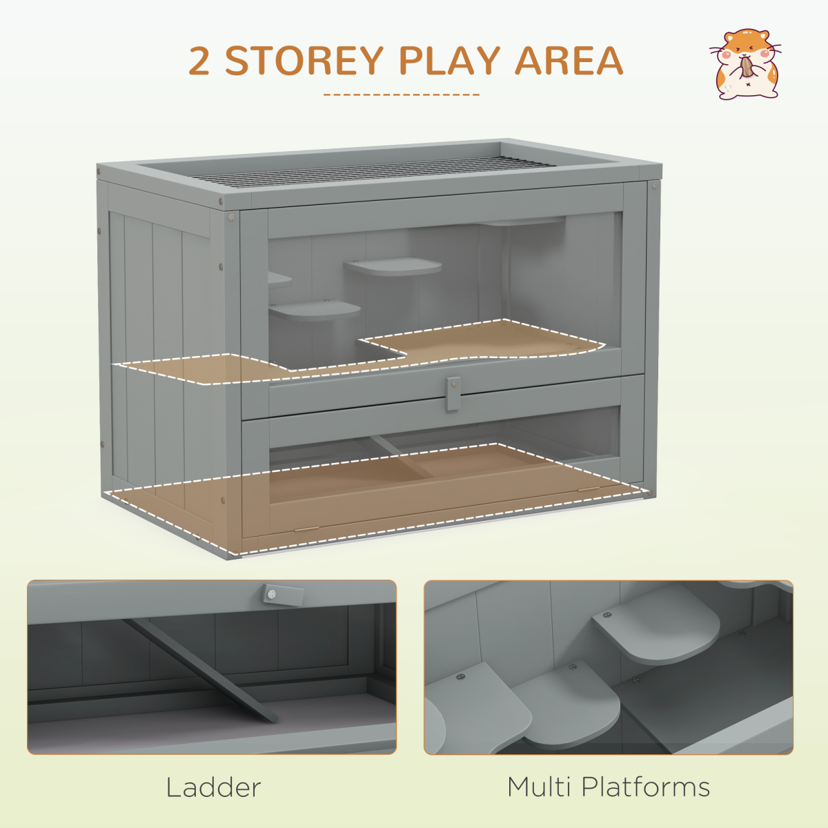 PawHut Wooden Hamster Cage with 2 Levels, Platforms & Ramp