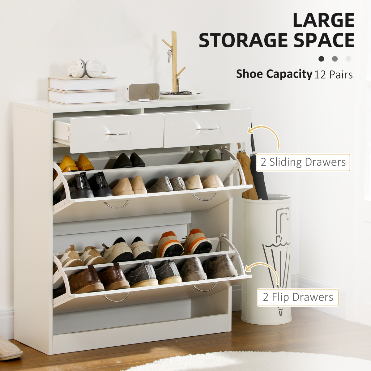 HOMCOM Slim Shoe Cabinet with 2 Flip Drawers, Holds 12 Pairs, White