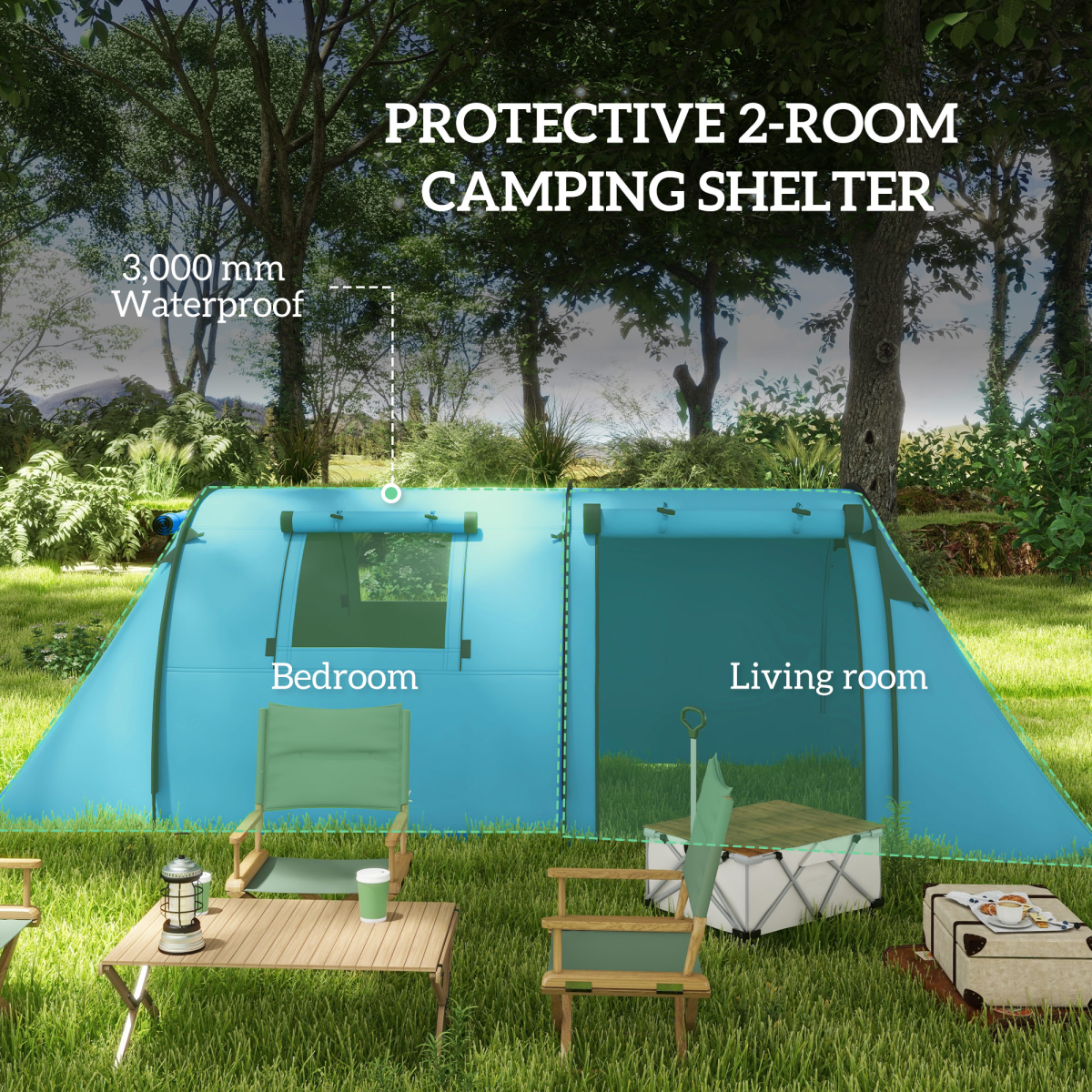 Outsunny 2-Room Camping Tent for 3-4 People, 3000mm Waterproof