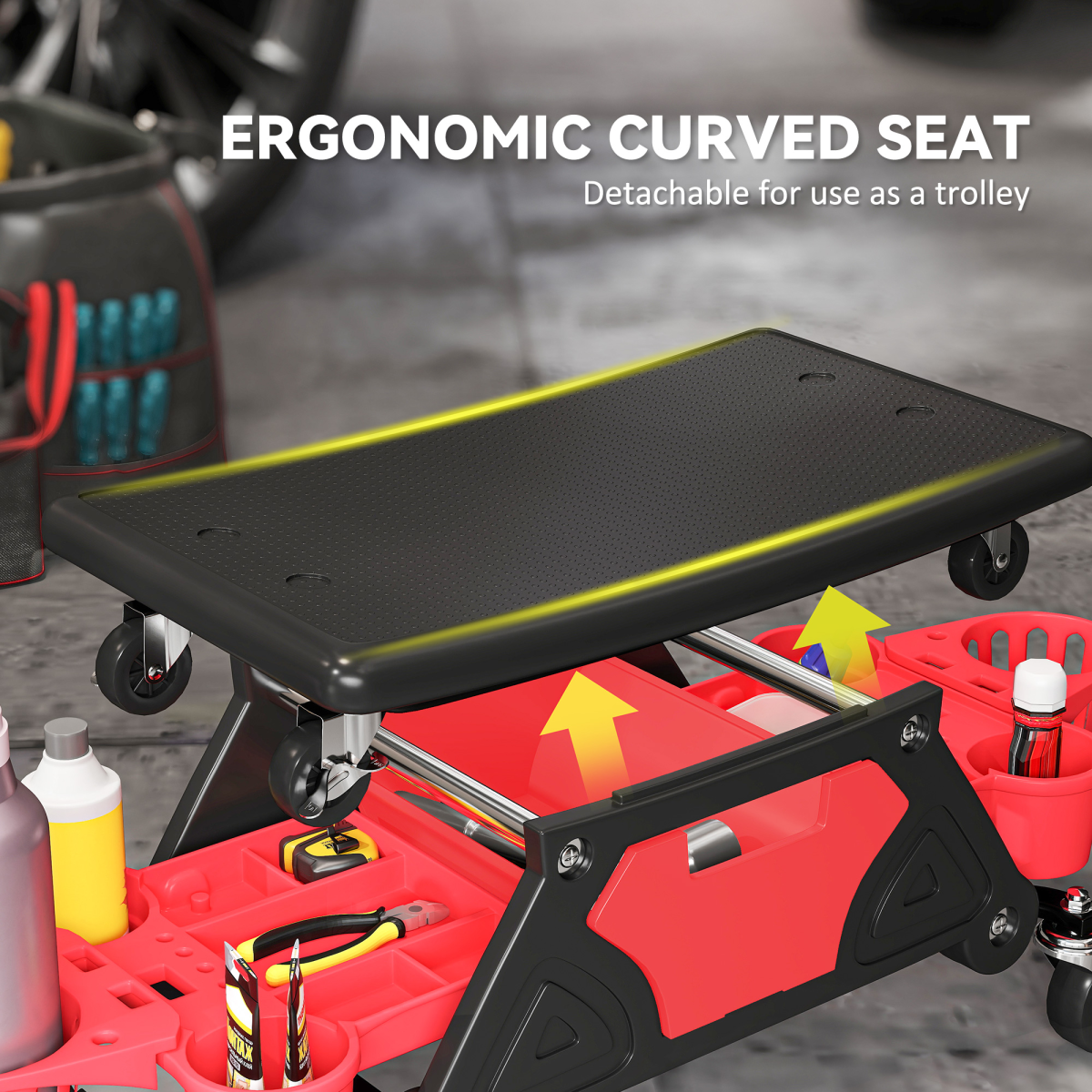 HOMCOM Rolling Mechanic Stool with Storage, 135kg Capacity, Red