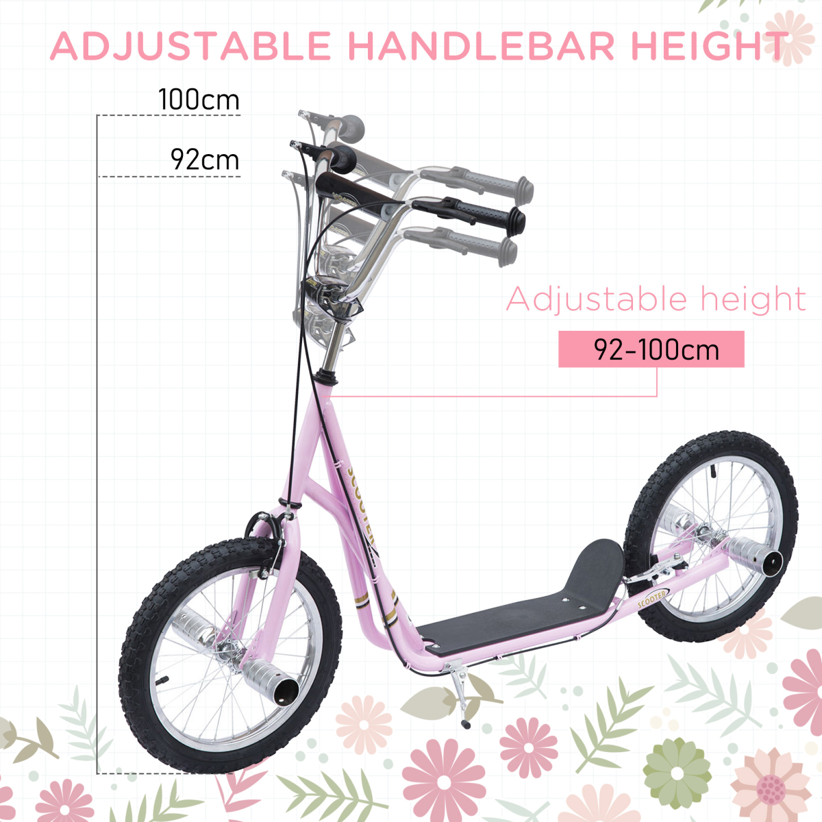 HOMCOM Kids Stunt Scooter 16 Inch Wheels Adjustable Height Pink, Age 5+, Steel Frame, Front and Rear Brakes