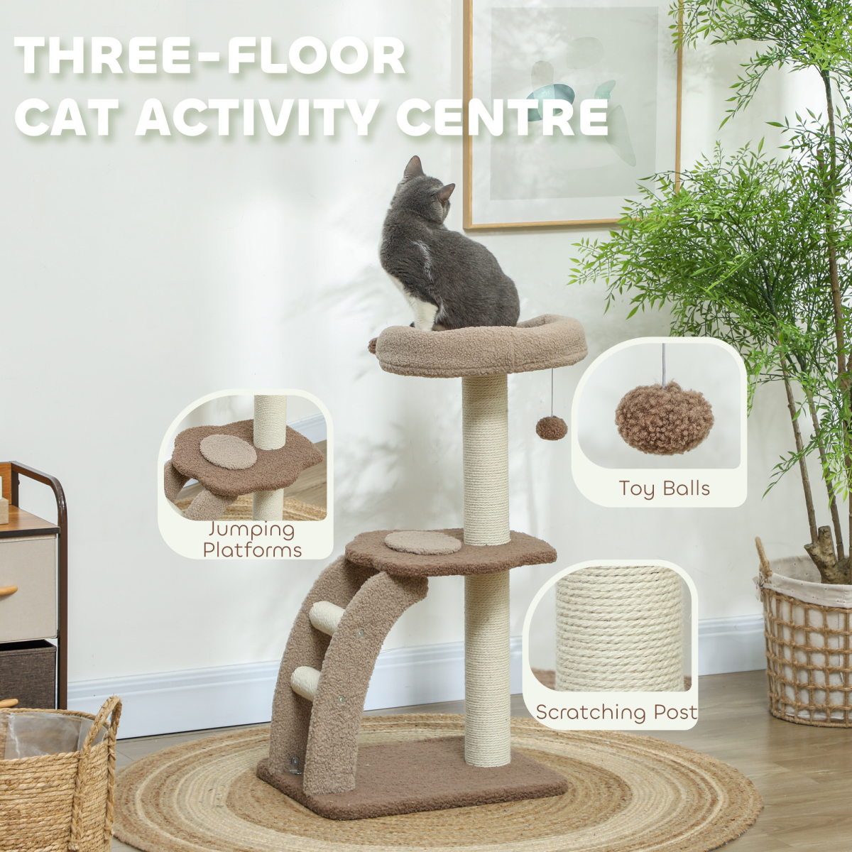 PawHut 88cm Indoor Cat Tree with Scratching Post & Cat House, Brown