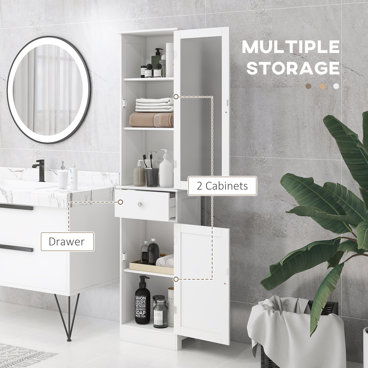 kleankin Bathroom Storage Cabinet with 3-Tier Open Shelves, Bottom Cabinet with Shelf, Transparent Acrylic Door, White