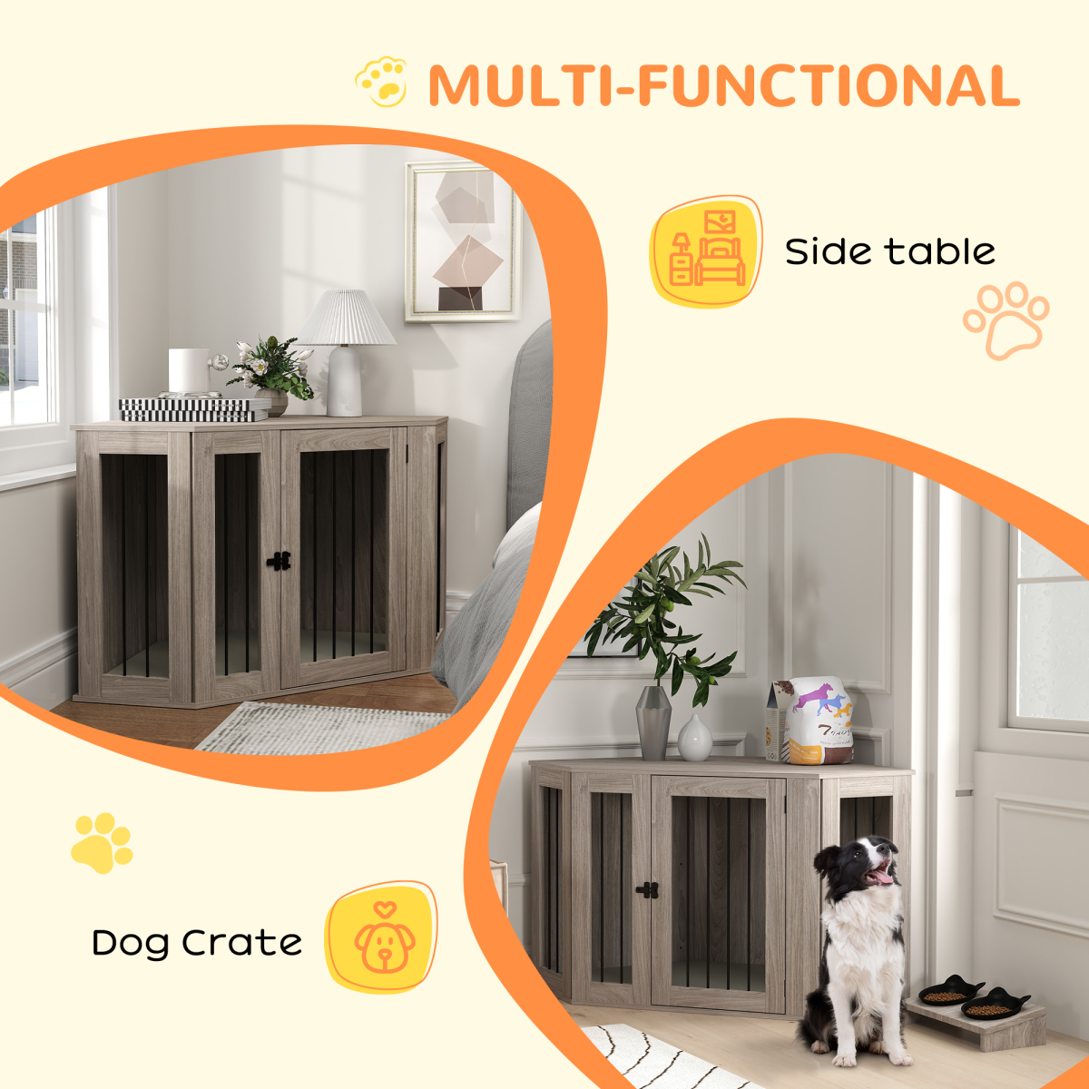 PawHut Medium Dog Crate Furniture Side Table with Cushion, Walnut Brown