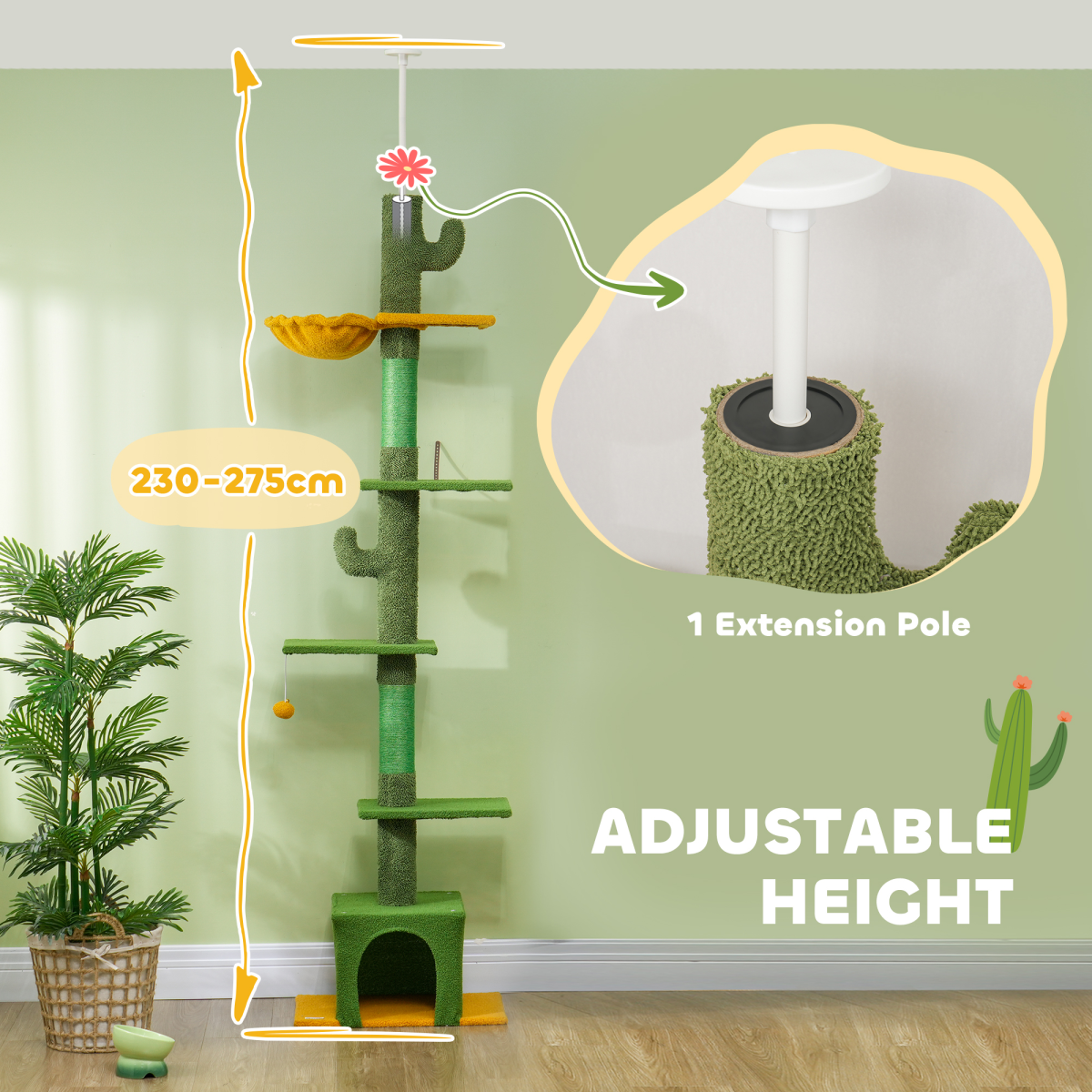 PawHut Adjustable Floor-to-Ceiling Indoor Cat Tree with House & Hammock