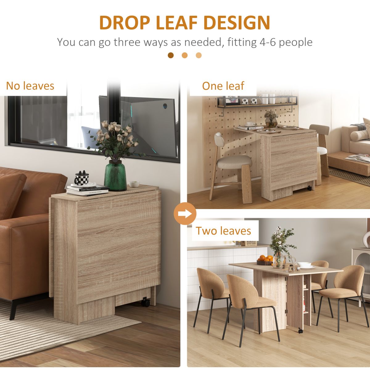 HOMCOM Mobile Drop Leaf Extendable Dining Table with Storage Shelves and Locking Wheels