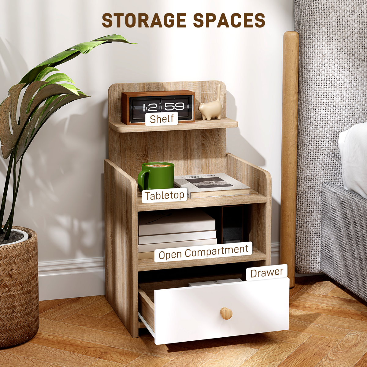 HOMCOM Bedside Table with Drawer and 3 Shelves, Natural Wood Effect