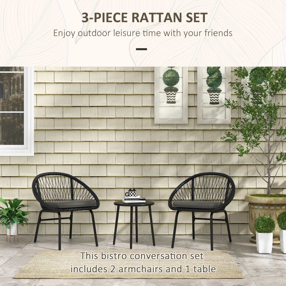 Outsunny 3 Piece Garden Bistro Set with 2 Round Wicker Chairs and Coffee Table