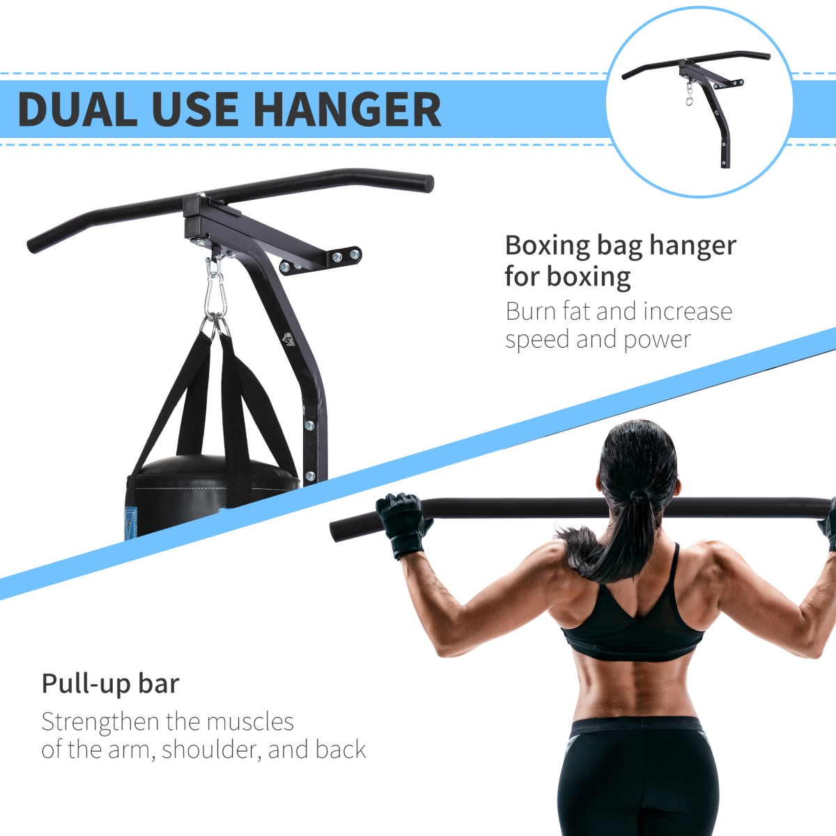 Heavy Punch Bag Hanger Wall Mount Chain Swivel Bracket Bar Steel, Black HOMCOM