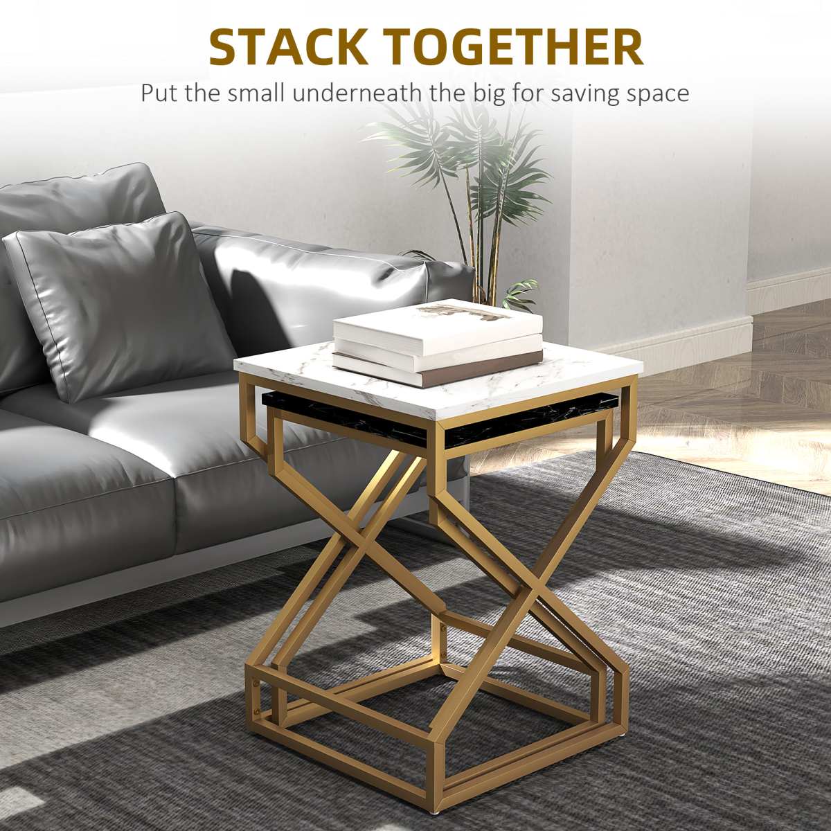 HOMCOM Nesting Coffee Tables Set, Marble-Effect Tops, Steel Frame, Black/White/Gold