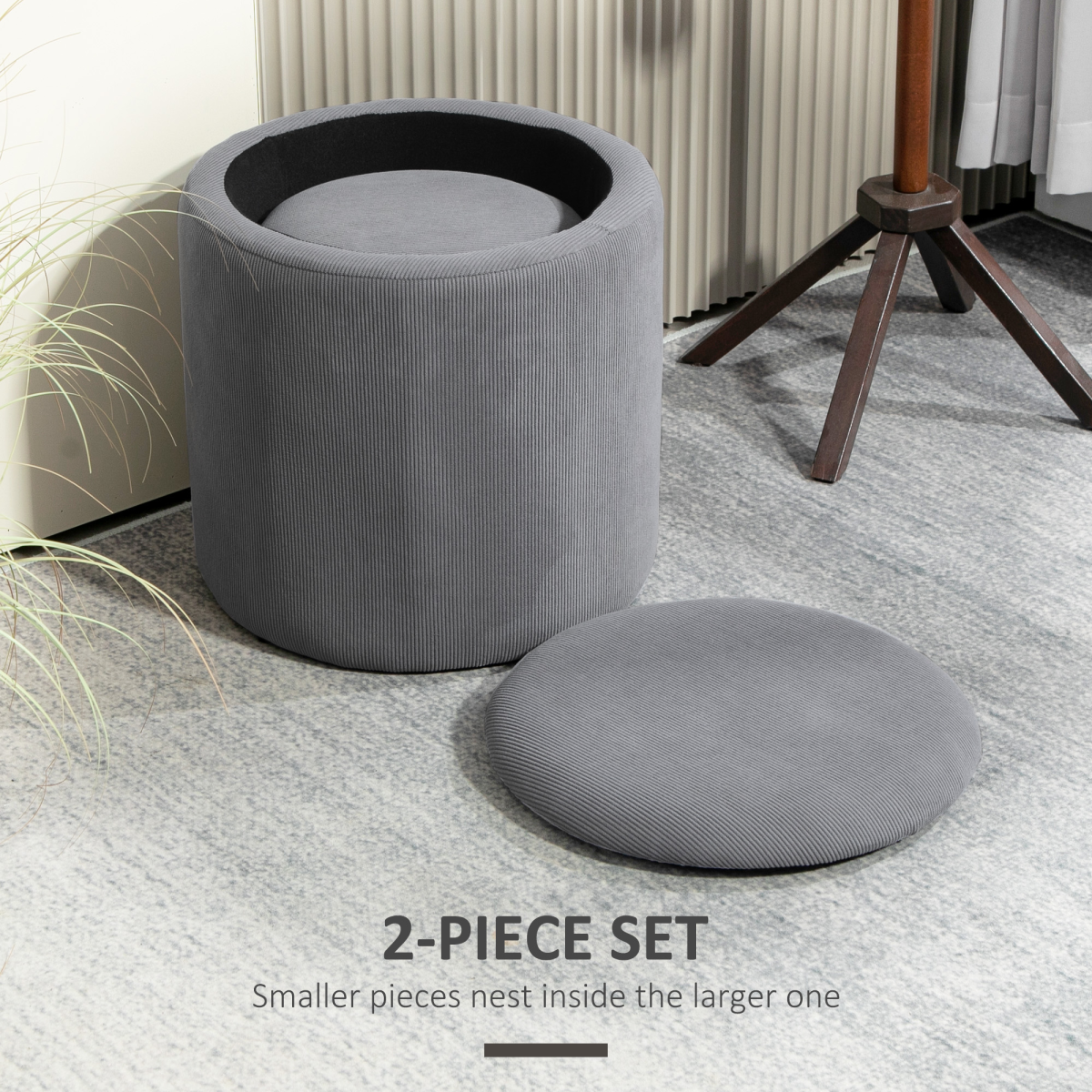 HOMCOM Set of 2 Fabric Storage Ottomans with Lids, Light Grey