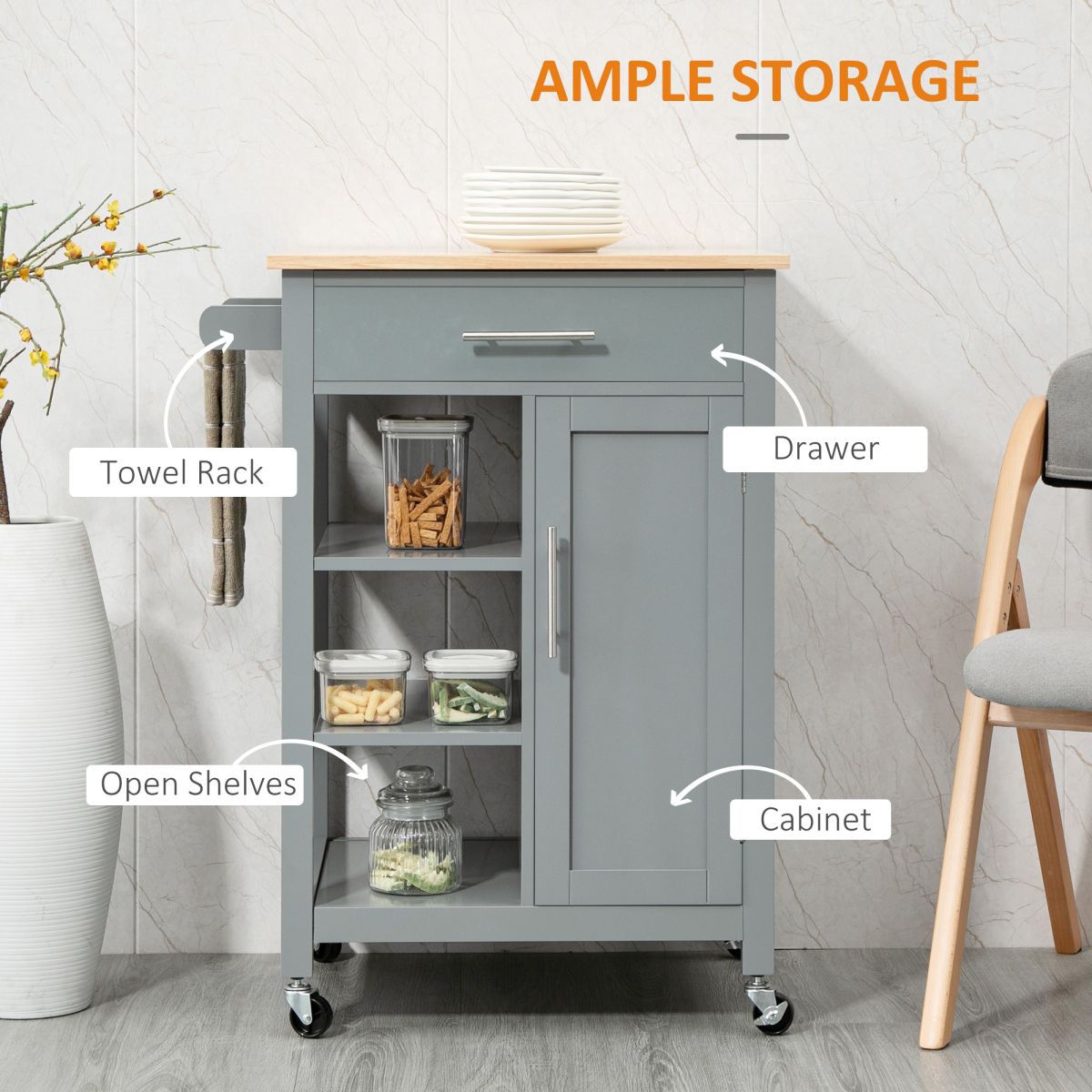 HOMCOM Grey Kitchen Trolley Cart with Wooden Worktop, Drawer, Cupboard, Shelves and Wheels