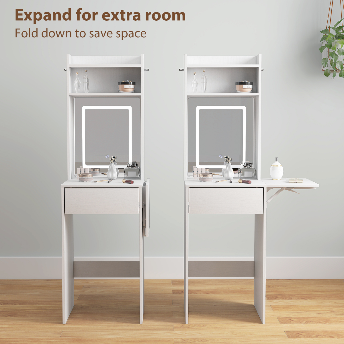 HOMCOM Compact Dressing Table with LED Mirror, Shelves and Drawer, White