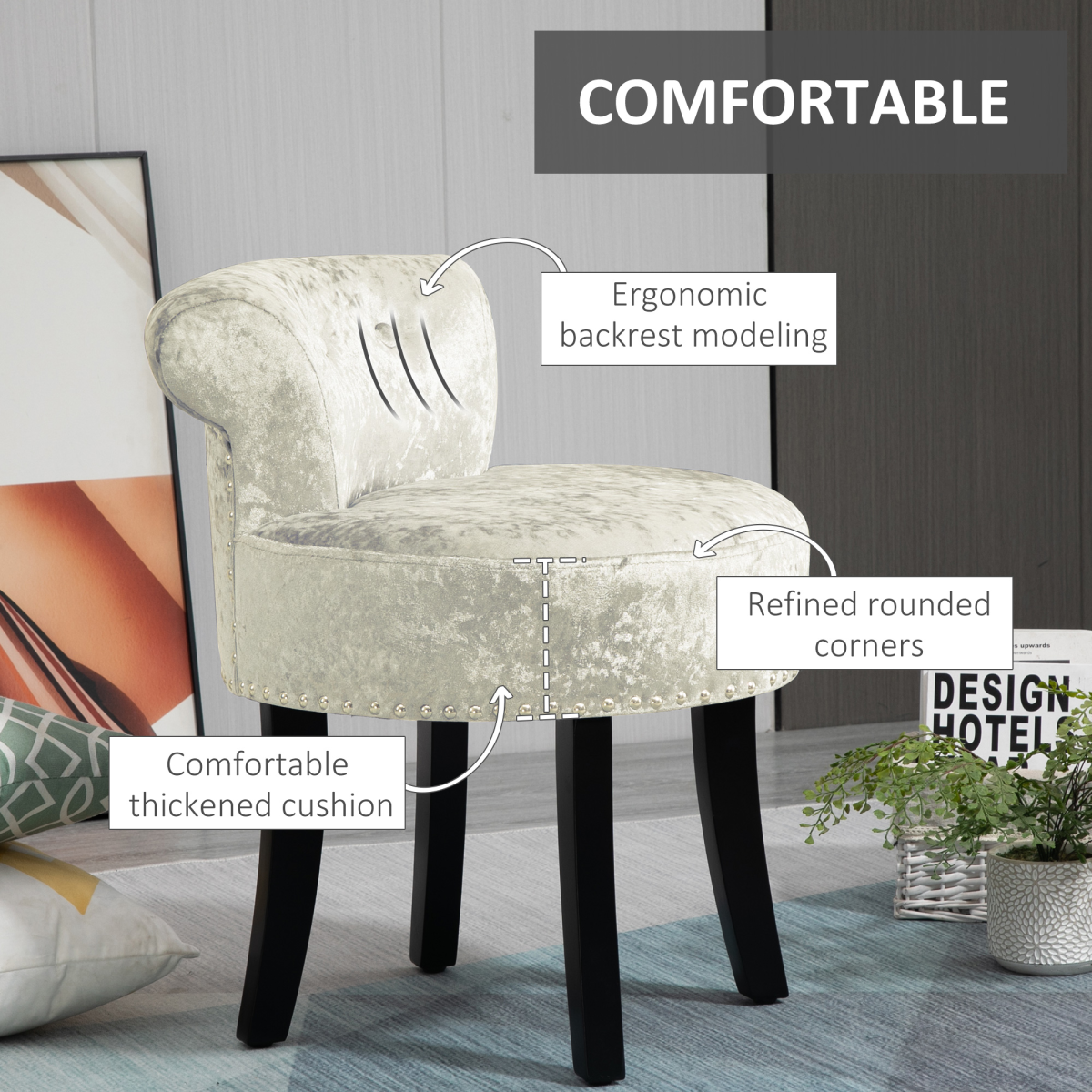 HOMCOM Beige Vanity Stool with Backrest, Rubberwood Legs