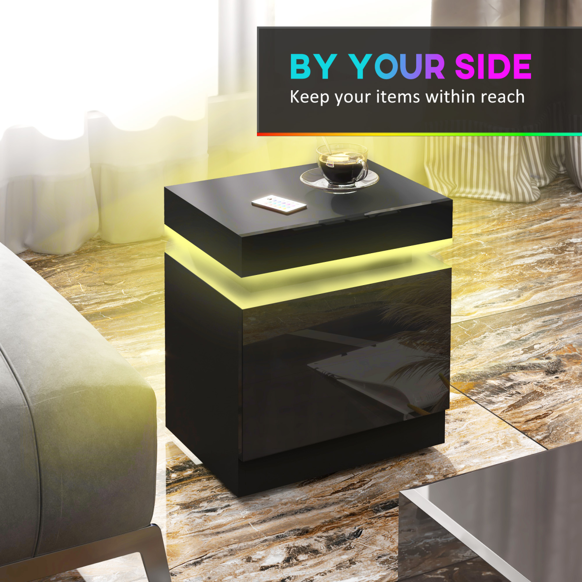 HOMCOM High Gloss LED Bedside Table with 2 Drawers, Black