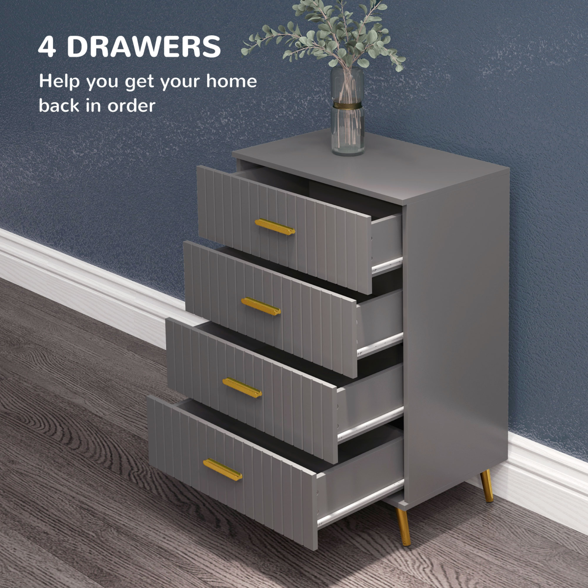HOMCOM 4-Drawer Chest of Drawers, Grey with Gold Accents, Aluminium Legs
