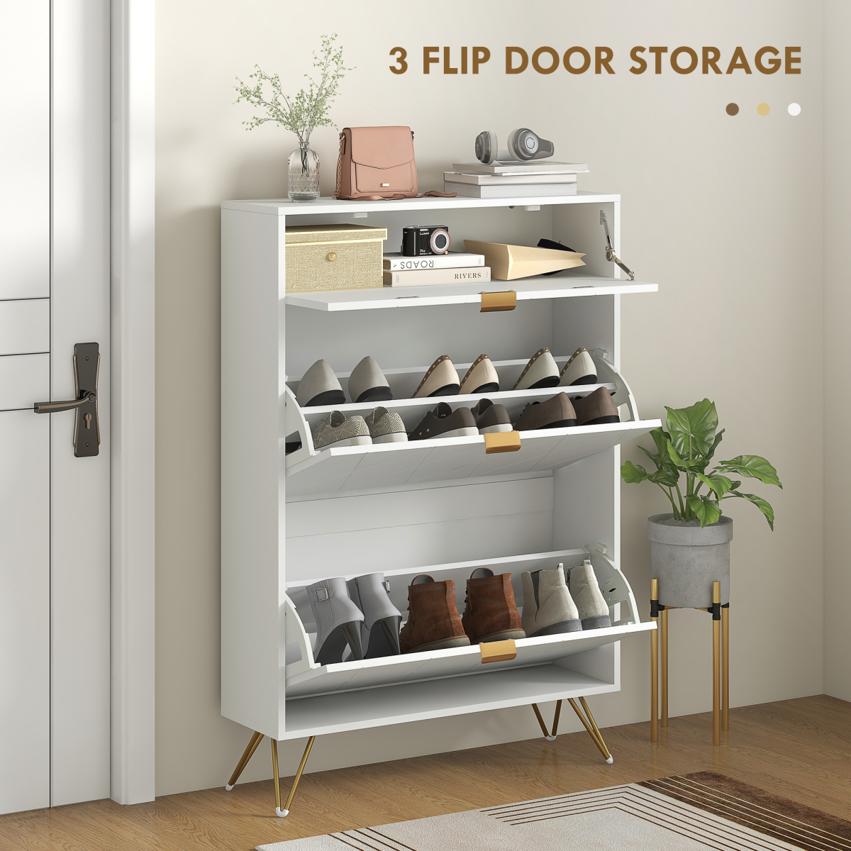 HOMCOM Slim Shoe Storage Cabinet with 2 Flip Drawers, White