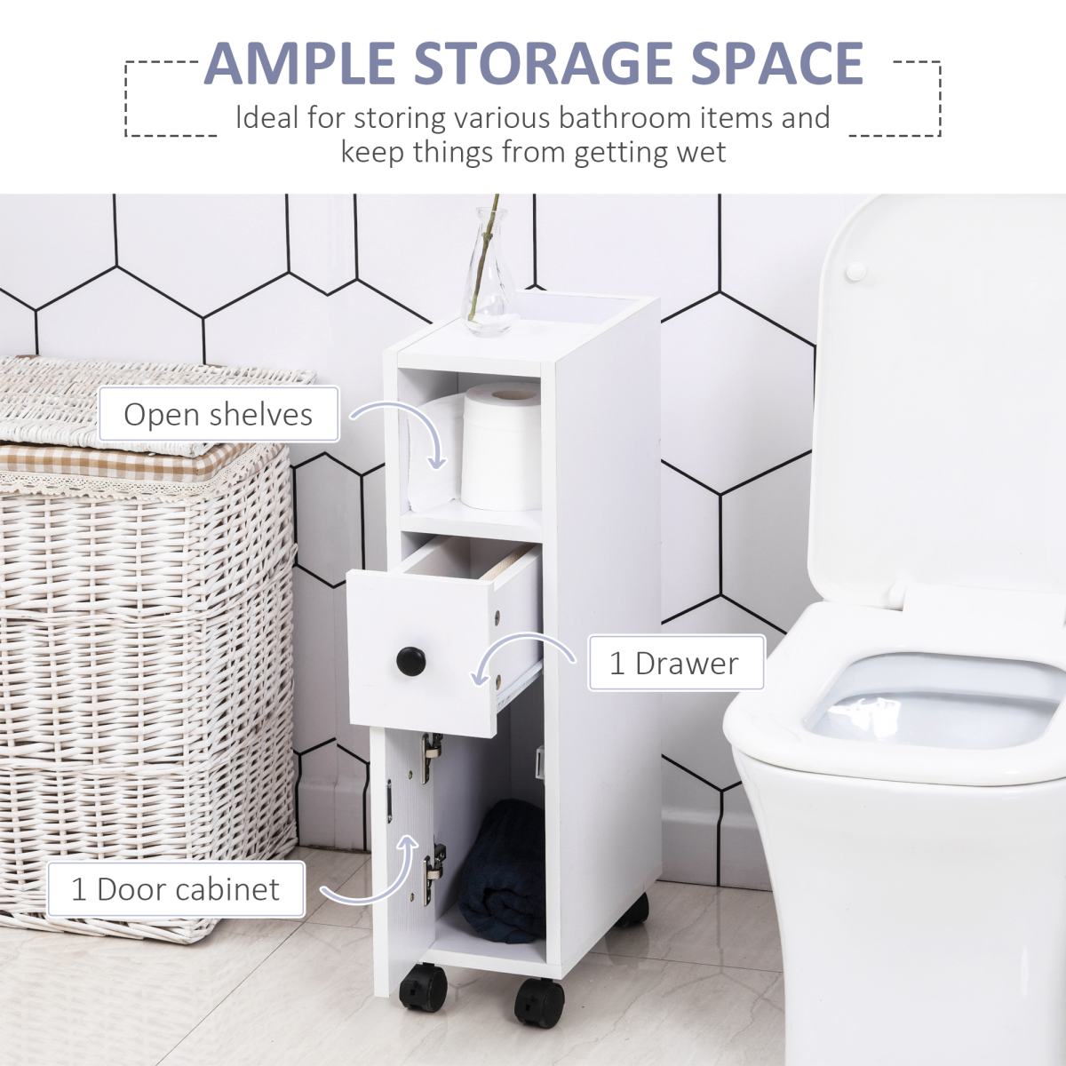 Slimline White Bathroom Storage Unit with 2 Drawers and Wheels