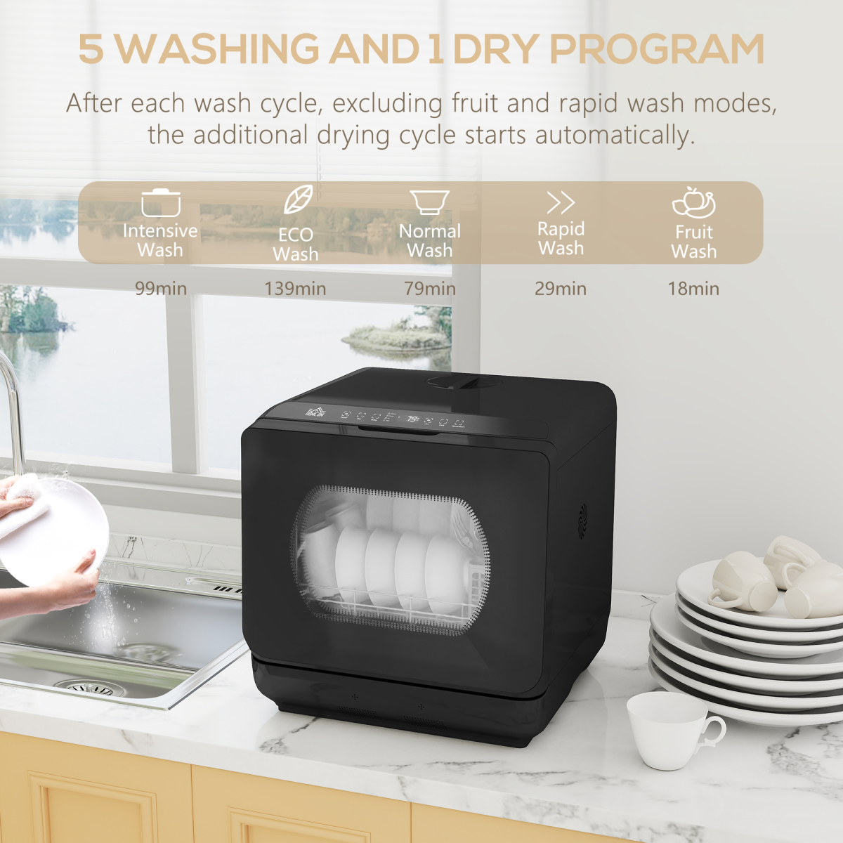 HOMCOM Compact Worktop Dishwasher, 4 Place Settings, 6 Programs, Black