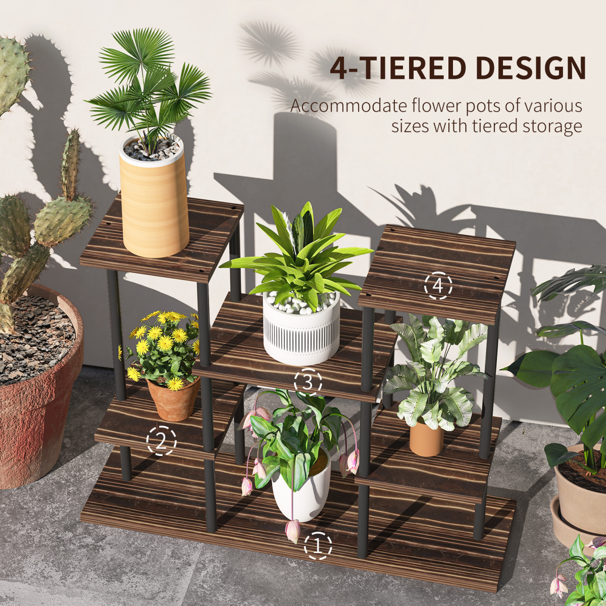 Outsunny 4-Tier Metal Flower Shelf Display Rack with Wooden Shelves, Black Carbonised Finish