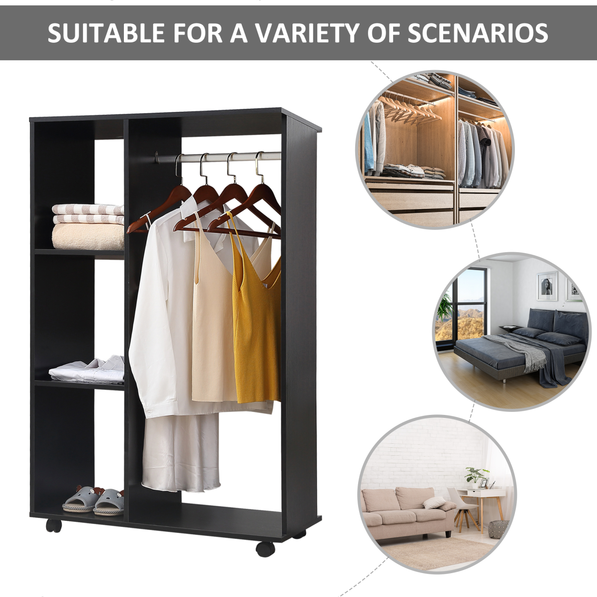 HOMCOM Rolling Open Wardrobe with Hanging Rail and Shelves, Black