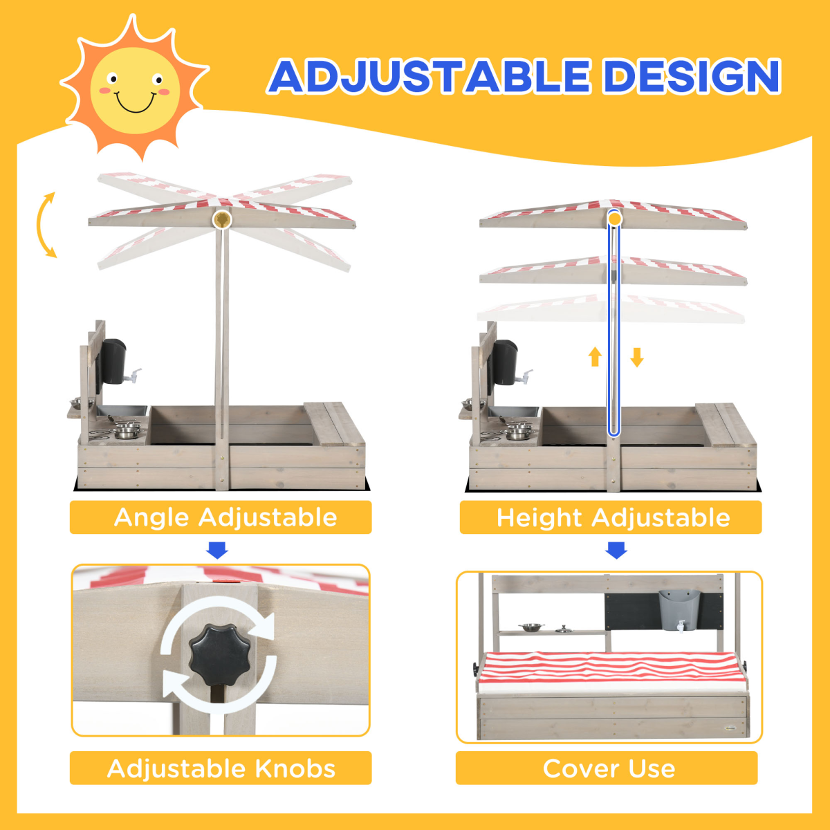Outsunny Kids Wooden Sandbox with Canopy, Seat & Kitchen Toys
