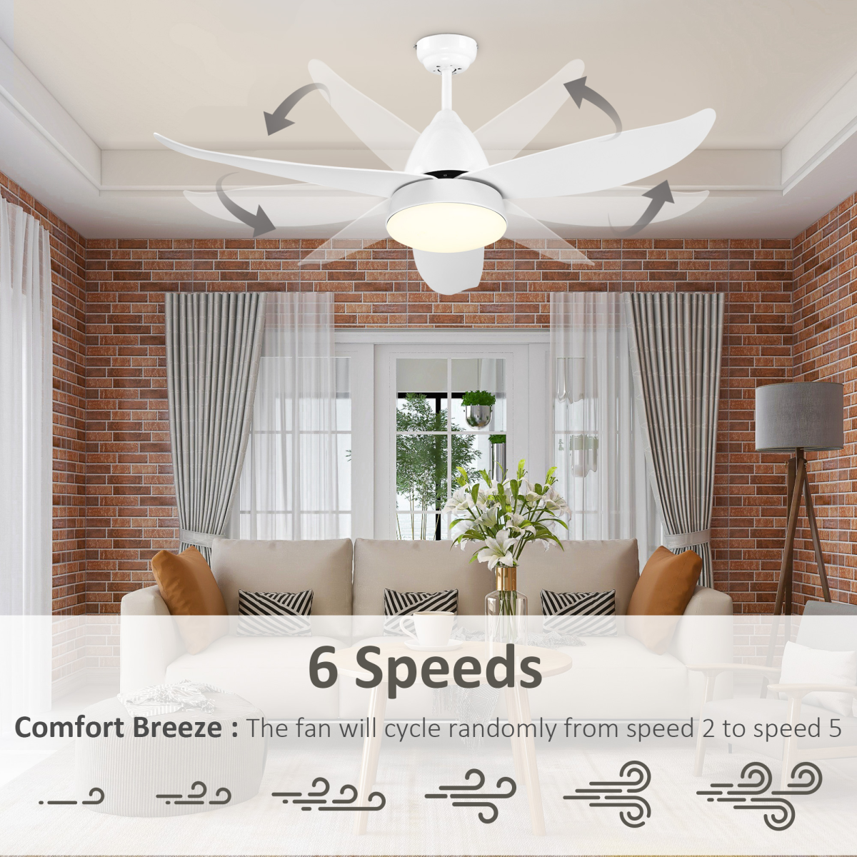 HOMCOM Reversible Ceiling Fan with Light, 3-Blade White, 6-Speed Remote Control, 4000K LED Light