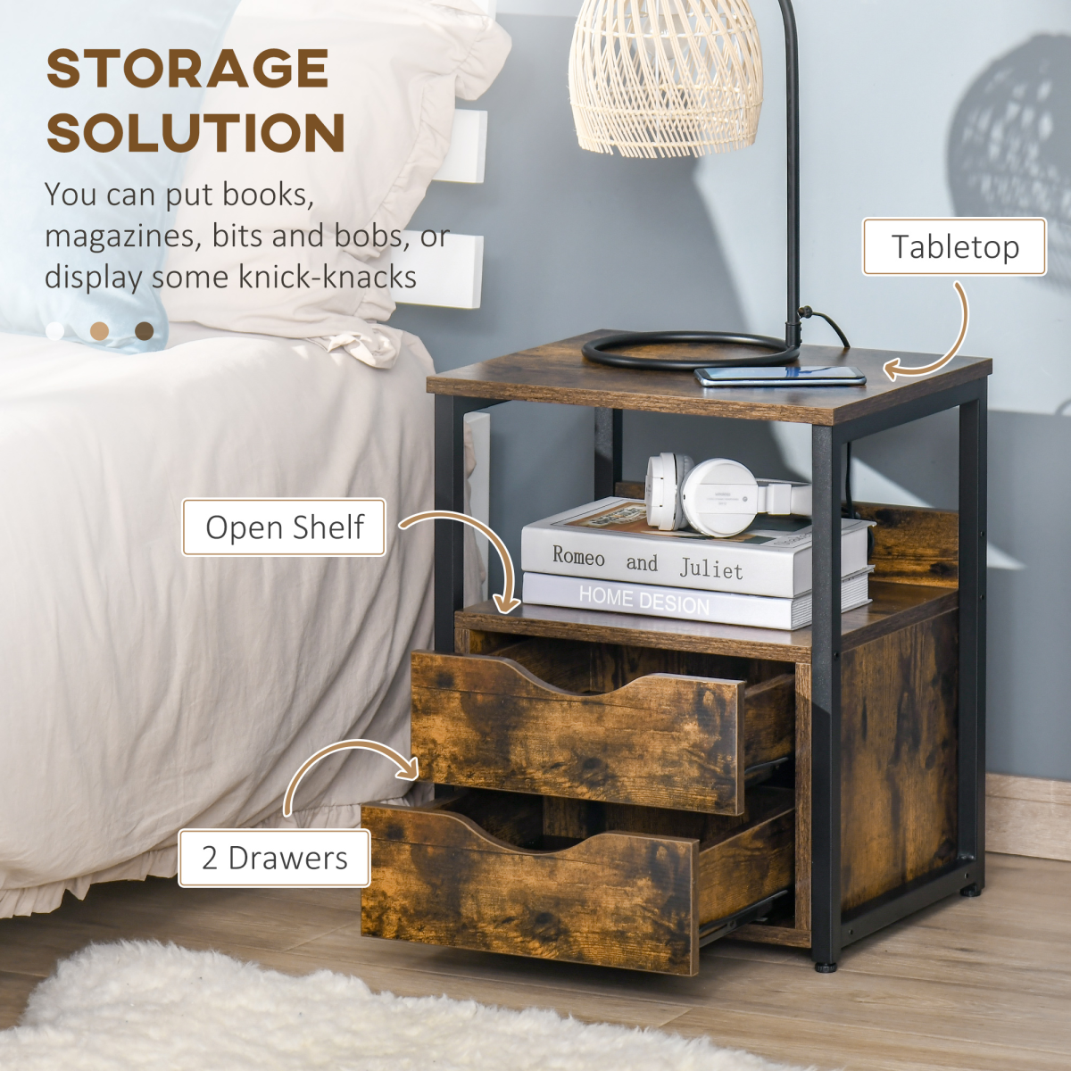 HOMCOM Rustic Brown End Table with 2 Drawers, Shelf and Metal Frame