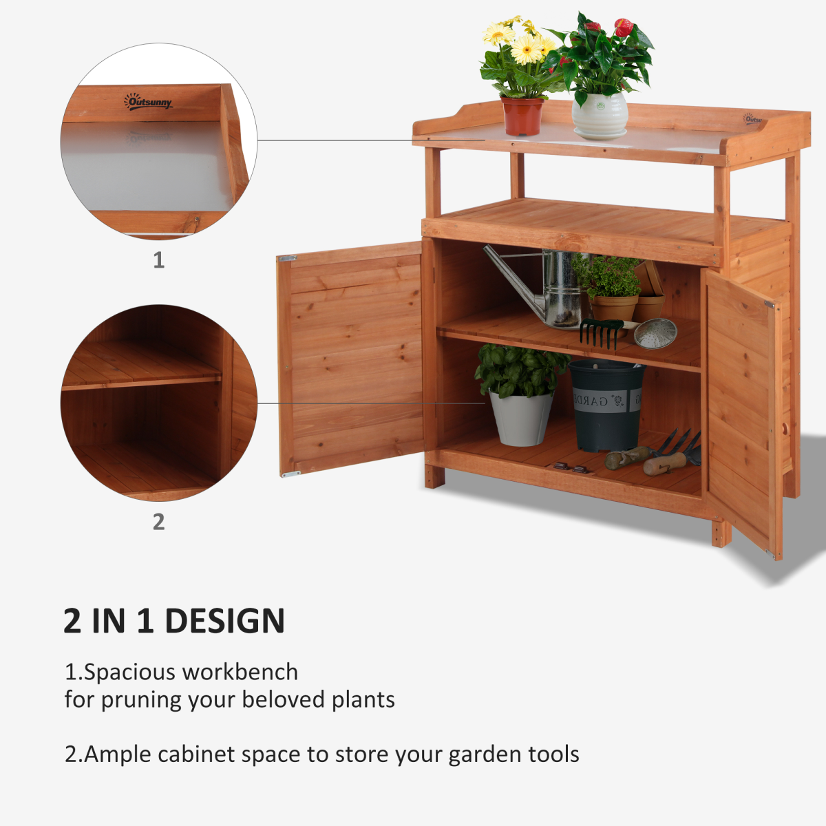 Outsunny 2-in-1 Potting Bench Table with Storage Cabinet and Galvanized Steel Tabletop