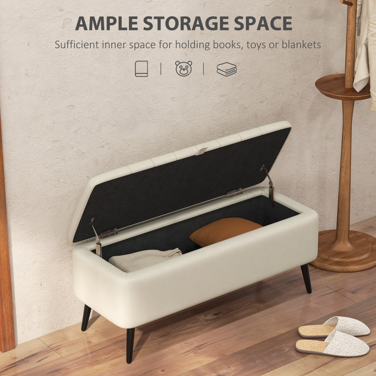 HOMCOM Storage Ottoman Bench, Linen-Touch Fabric, Steel Legs, Cream White