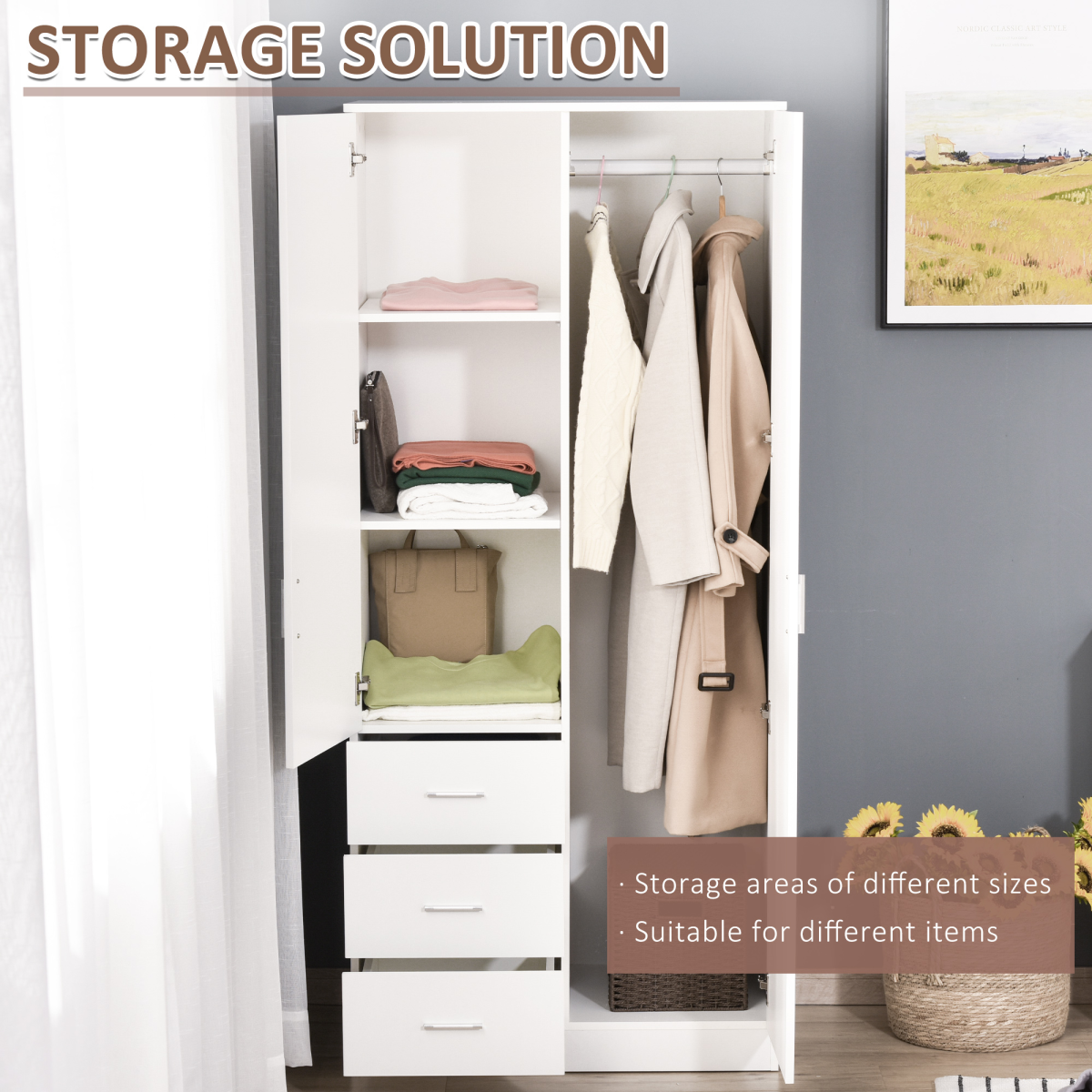 White 2-Door Wardrobe with Mirror, 3 Drawers, Shelves & Rail
