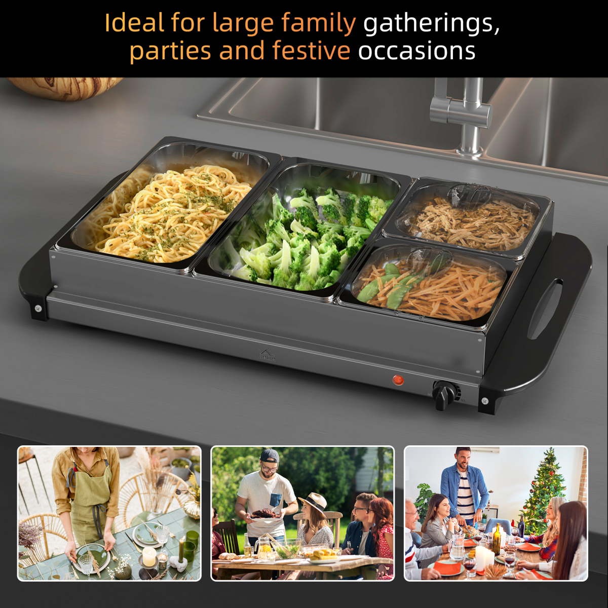 HOMCOM 4-Tray Electric Food Warmer Buffet Server, Adjustable Temp, 300W