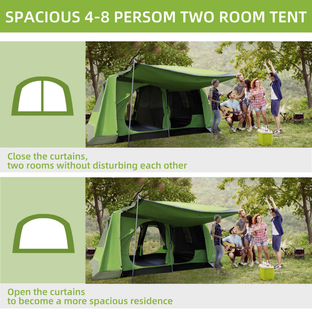 4-8 Person Two-Room Tunnel Camping Tent with Porch & Carry Bag