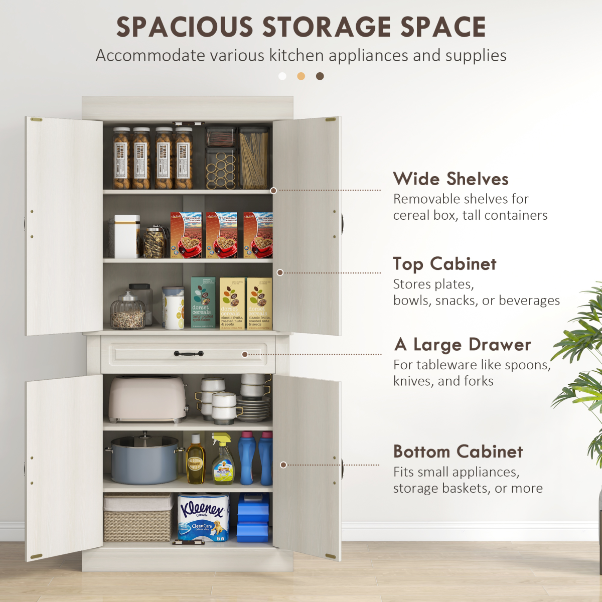 HOMCOM 180cm White Kitchen Pantry Storage Cabinet with Drawer and Double Doors