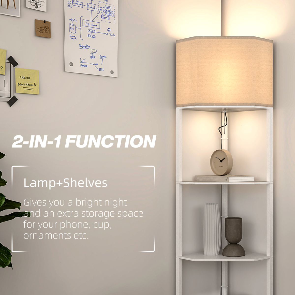 HOMCOM Corner Floor Lamp with Shelves, White