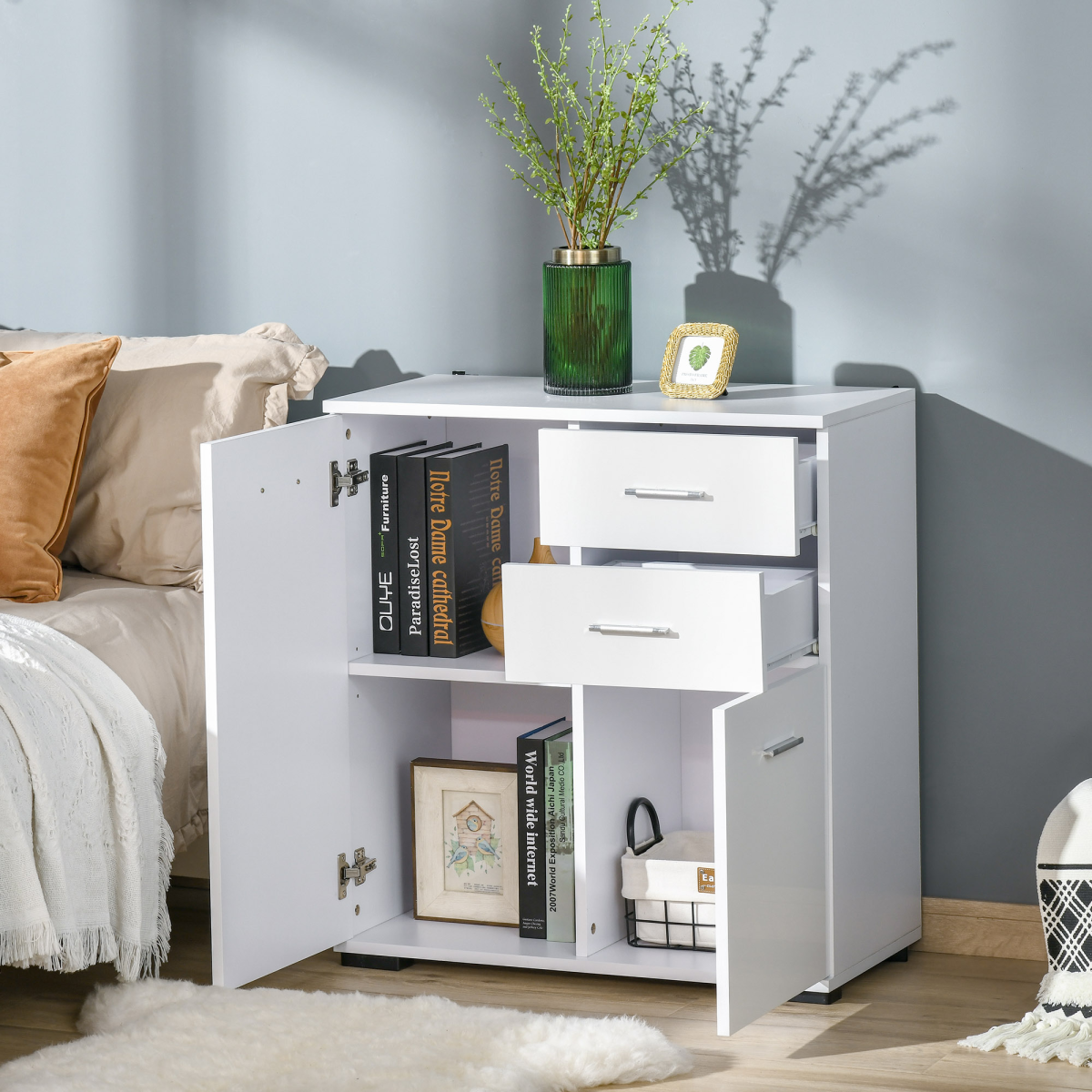 White High Gloss Shoe Cabinet Storage Cupboard with Adjustable Shelf and 2 Drawers