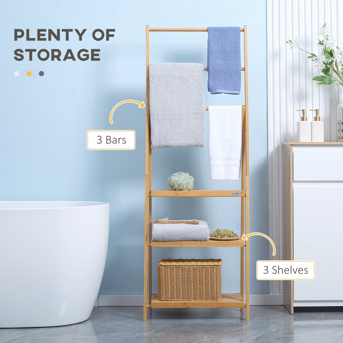 Freestanding Foldable Bamboo Towel Rack with Shelves and 3 Bars