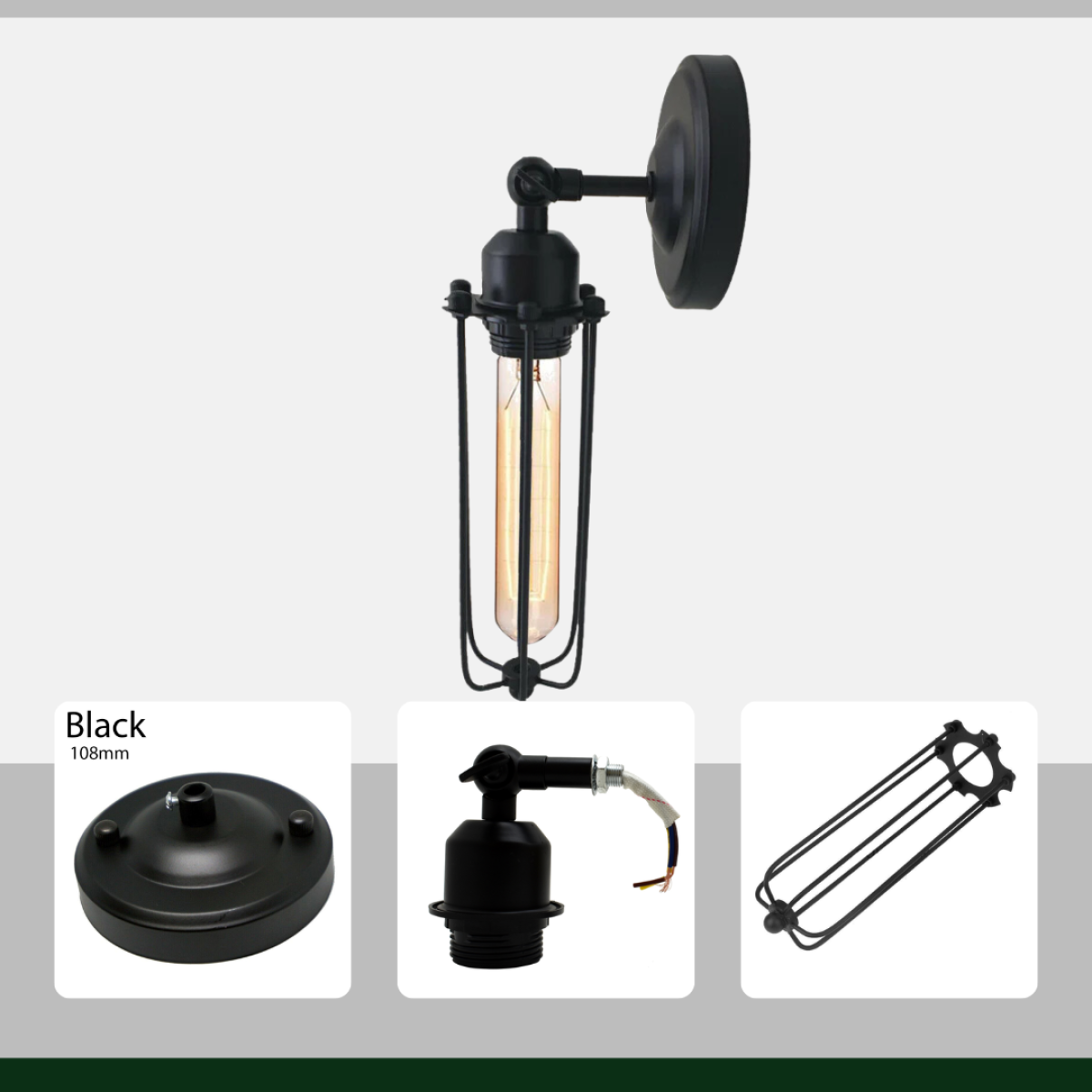 Black Industrial Long Cage Metal Wall Light, Wall Mounted