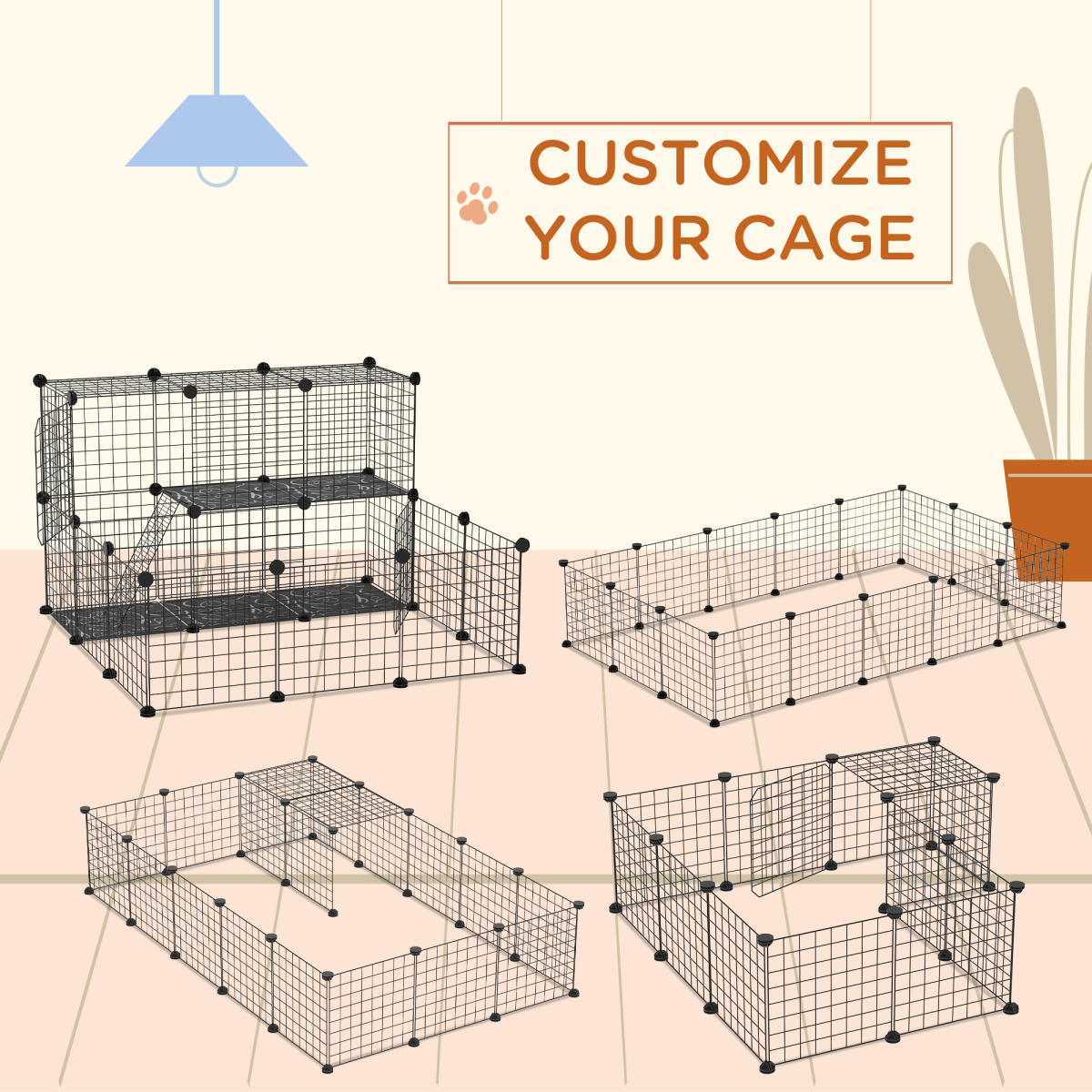 PawHut DIY Small Animal Playpen with 24 Wire Panels, 2 Door Panels, 5 Resin Panels, Ladder, Black